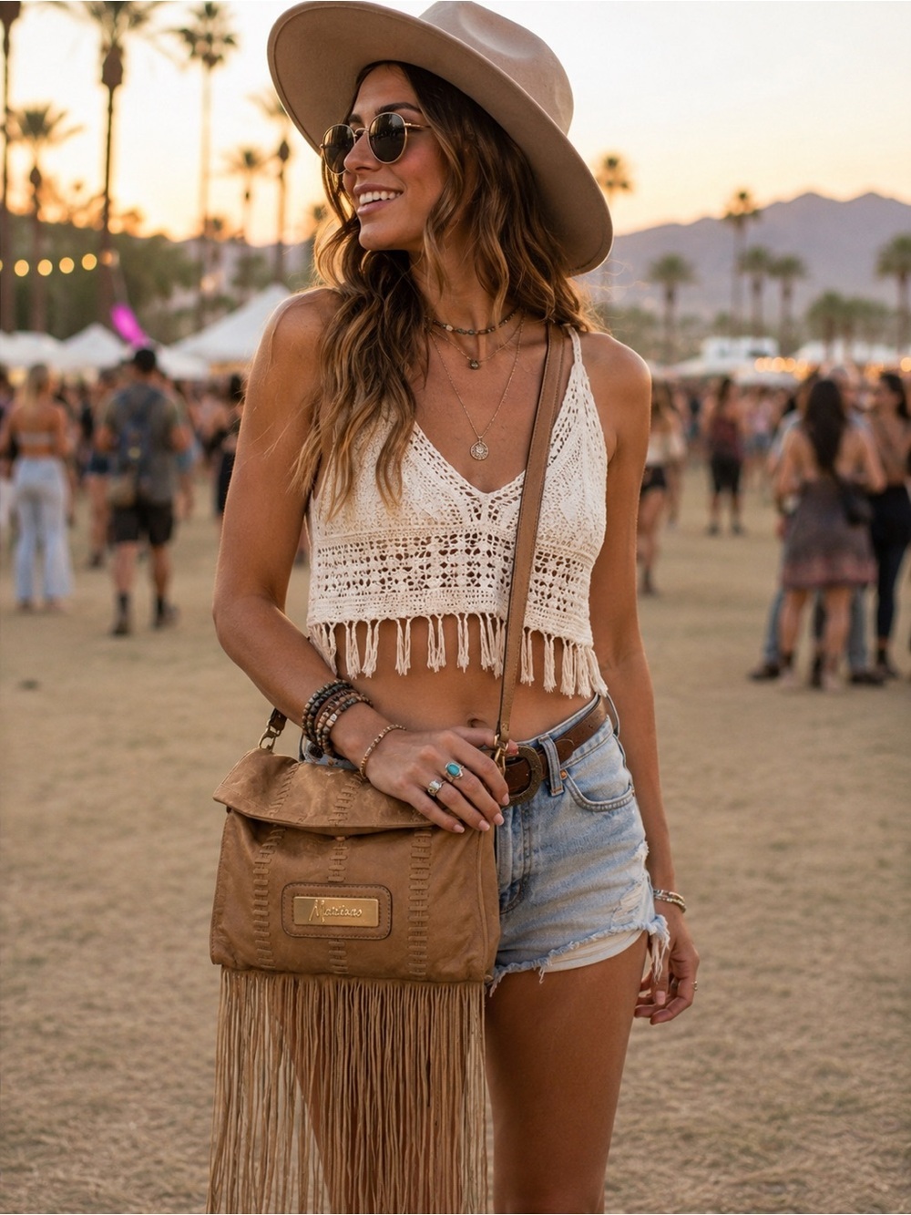 Marciano Tan Leather Fringe Crossbody Boho Messenger Bag